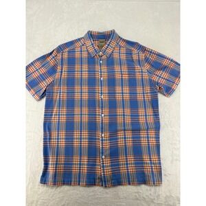 Scandia Woods Shirt Mens L Button Down Blue Orange Plaid Cotton Short Sleeve